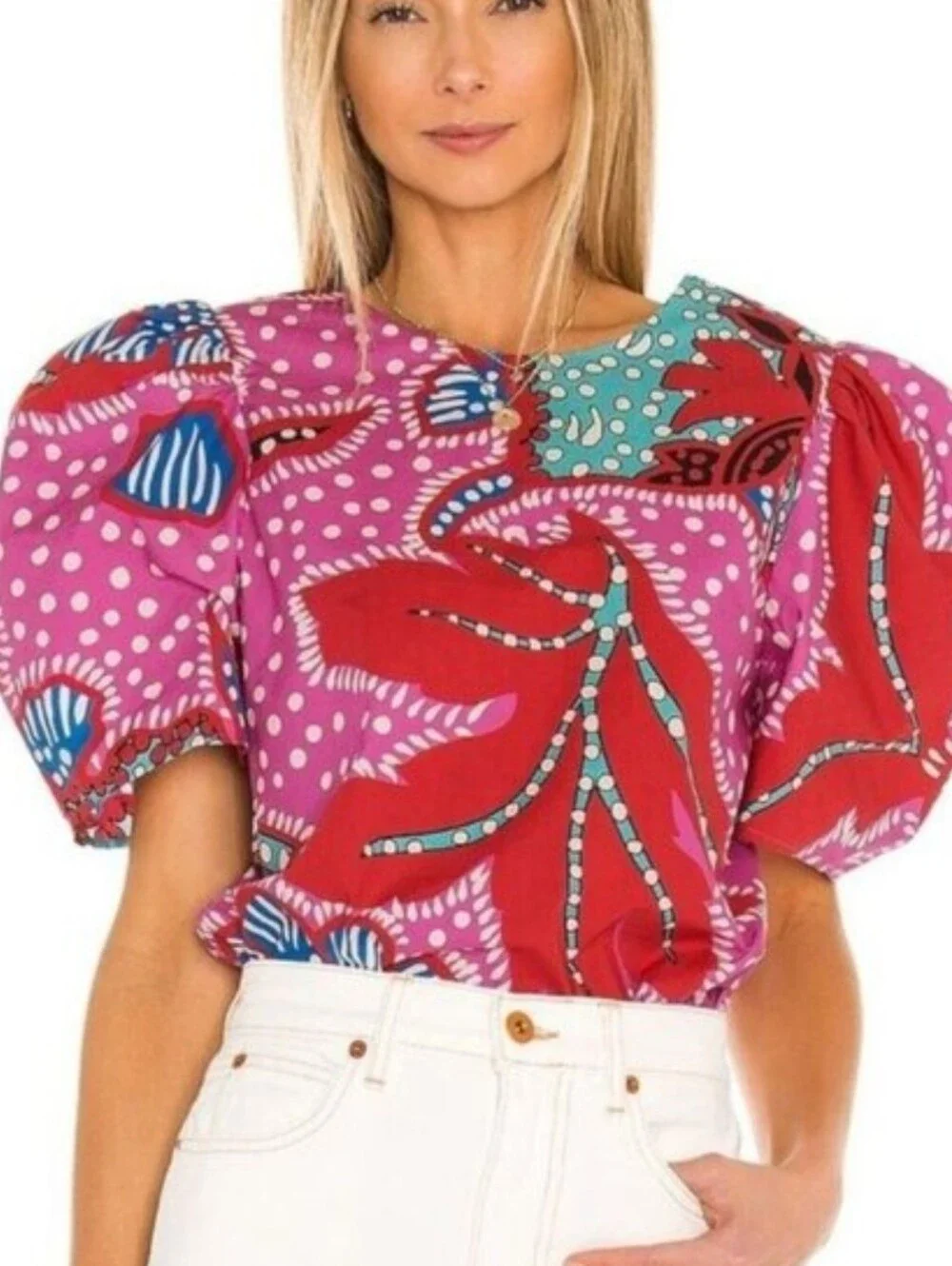 Rhode Nisha Top Red Psychedelic Flower Puff Sleeve Reversible 100% Cotton Size S - Picture 3 of 11